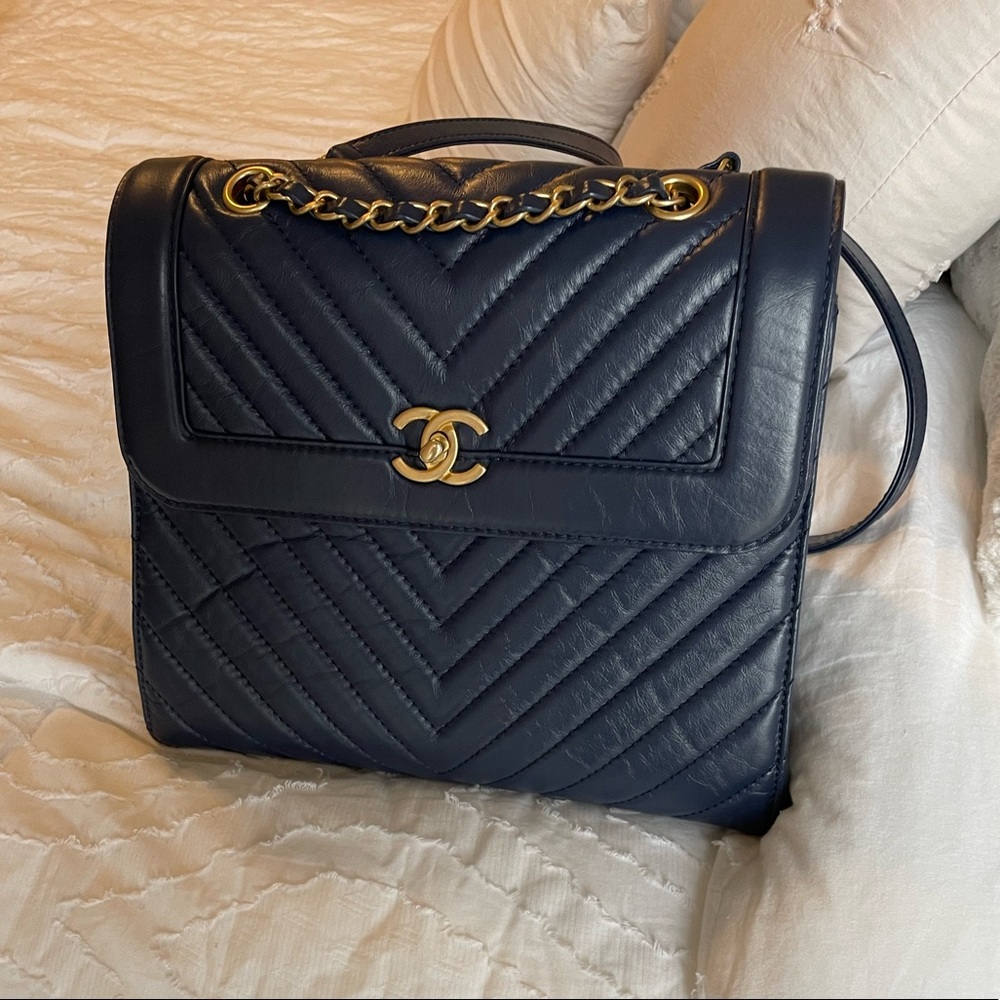 Brand new Chanel Aged Lambskin Navy backpack worn twice!!
